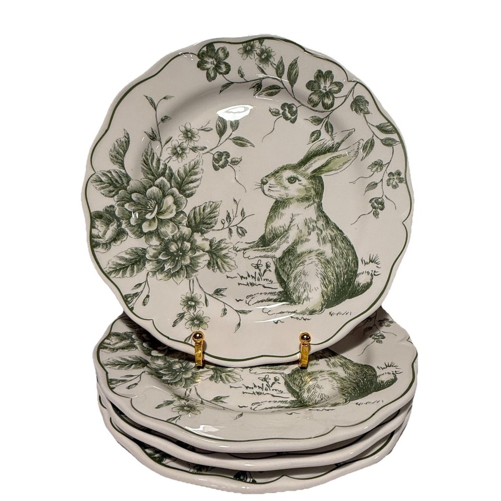 Maxcera Green Bunny 9 1/4" Rabbit‎ Toile Plates Set Of 4- Dinner/Salad/Dessert